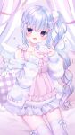 1girl amami_kurine angel_wings animal-shaped_pockets animal_ear_hood azarashi6 babydoll bare_shoulders beads bed blue_bow blue_eyes blue_hair blue_jacket blue_shorts bow bow_legwear canopy_bed cat checkered_pillow choppy_bangs collarbone commentary_request controller curled_fingers fluffy_clothes frilled_babydoll frilled_pillow frilled_shorts frills game_controller gradient_eyes haconect hair_beads hair_bow hair_ornament hands_up heart heart_hair_ornament highres holding holding_controller holding_game_controller hood indoors jacket jacket_partially_removed light_blush long_hair looking_at_viewer loungewear multicolored_eyes multicolored_hair on_bed open_clothes open_jacket open_mouth orange_eyes pillow pink_babydoll pom_pom_(clothes) pom_pom_hair_ornament raised_eyebrows shorts side_ponytail sidelocks sitting sleeves_past_wrists smile solo streaked_hair striped_clothes striped_jacket striped_thighhighs thighhighs thighs very_long_hair watermark wavy_hair wings 