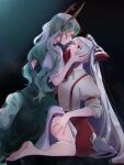  2girls adversarial_noise bad_id bad_twitter_id barefoot bow collared_shirt commentary_request dress ex-keine extra_eyes fujiwara_no_mokou green_dress green_hair grey_hair hair_bow highres horn_bow horn_ornament horns imminent_kiss kamishirasawa_keine long_hair mokoiscat multiple_girls multiple_hair_bows ofuda ofuda_on_clothes pants puffy_short_sleeves puffy_sleeves red_bow red_eyes red_pants shirt short_sleeves soles suspenders tail thighs toes touhou very_long_hair white_shirt yuri 