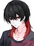  1boy absurdres black_jacket chain chain_necklace closed_mouth collarbone_piercing commentary earrings esse_series expressionless highres hitani_(esse_series) jacket jewelry lapels masyuteira multicolored_hair neck_piercing necklace portrait red_eyes simple_background single_off_shoulder solo two-tone_hair untranslatable_commentary white_background 
