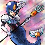  android blue_eyes breasts cartoonized elbow_gloves gloves helmet jonathan_kim medium_breasts mermaid monster_girl polearm rockman rockman_(classic) rockman_9 solo splash_woman trident weapon 