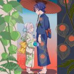  1boy 1girl alternate_costume alternate_hairstyle anklet aranara_(genshin_impact) arm_at_side black_border black_kimono black_sandals black_sleeves blue_flower blunt_ends blush border bottle braid caramelo_game chinese_lantern_(plant) closed_eyes closed_mouth colored_tips commentary_request eyeliner facing_another flower from_side full_body genshin_impact grey_hair hair_flower hair_ornament hair_rings half_crown_braid happy height_difference highres holding holding_bottle holding_umbrella japanese_clothes jewelry kimono leaf leaf_hair_ornament long_sleeves looking_at_another lotus makeup medium_hair multicolored_hair nahida_(genshin_impact) obi oil-paper_umbrella open_mouth pillarboxed pink_border plant_print pointy_ears profile purple_eyes purple_hair ramune red_eyeliner red_sash red_umbrella sandals sash scaramouche_(genshin_impact) smile standing streaked_hair toes tsurime two-tone_border umbrella watermark white_hair white_kimono white_sleeves yellow_sash yukata zouri 