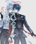  2boys arknights arknights:_endfield asymmetrical_gloves belt black_choker black_gloves blue_eyes blue_hair camille_(arknights) char_(arknights) choker closed_mouth commentary fingerless_gloves gloves halo highres holding_hands l1_bei looking_at_another male_focus multicolored_hair multiple_boys pointy_ears red_eyes red_halo red_streaks siblings streaked_hair untranslatable_commentary vampire white_background white_hair 