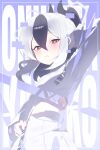 1girl alternate_costume arm_up black_hair blue_archive character_name closed_mouth cropped_shirt ememo flat_chest from_side grey_halo hair_between_eyes halo highres kayoko_(blue_archive) long_hair looking_at_viewer midriff multicolored_hair ponytail purple_background red_eyes shirt simple_background skirt solo two-tone_hair upper_body white_hair white_shirt white_skirt 