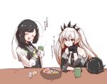  2girls 702_(naotsu) abyssal_ship ahoge black_gloves bowl commentary_request cup food gloves green_neckerchief grey_vest hair_over_shoulder hanazuki_(kancolle) helmet highres kantai_collection long_hair multiple_girls neckerchief necktie ra-class_destroyer ra-class_destroyer_zeta sailor_collar sailor_shirt school_uniform serafuku shirt simple_background skirt smile sweets tiara twintails upper_body vest white_background white_gloves white_hair white_necktie white_shirt white_skirt yunomi 