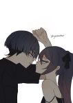  1boy 1girl alternate_costume aqua_eyes black_dress black_hair black_shirt black_sleeves blunt_ends casual closed_mouth commentary contemporary couple curled_fingers dress fingernails from_side genshin_impact gradient_hair grey_eyes grey_hair hand_up hetero highres long_hair mole mole_on_back mona_(genshin_impact) multicolored_hair parted_lips pink_hair profile scaramouche_(genshin_impact) shirt short_sleeves sidelocks sideways_mouth single_bare_shoulder smile strap_slip t-shirt tsurime twintails untranslatable_commentary white_mouth wispy_bangs ysnden 