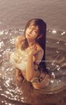  1girl 3d belly_chain bikini bikini_skirt blurry bokeh breasts closed_eyes depth_of_field final_fantasy final_fantasy_vii final_fantasy_vii:_ever_crisis hair_down highres jewelry large_breasts looking_up official_alternate_costume partially_submerged ria_(baka-neearts) see-through_clothes see-through_skirt skirt solo swimsuit tifa_lockhart tifa_lockhart_(passion_mermaid) water wet white_bikini 