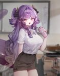  1girl :d arm_at_side black_horns black_skirt blurry blurry_background bra_visible_through_clothes breasts can collared_shirt commentary cowboy_shot depth_of_field dragon_horns dragon_tail drill_hair drink_can energy_drink fang hair_intakes hand_up highres holding holding_can horns indoors large_breasts long_hair looking_at_viewer looking_to_the_side miniskirt monster_energy office_lady open_mouth orange_eyes pencil_skirt purple_hair purple_tail sakihane_huya shirt short_sleeves skin_fang skirt smile solo standing stellive tail turning_head two_side_up very_long_hair virtual_youtuber white_shirt wo0ngw0ong 