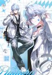  1boy absurdres bag black_choker black_shirt blue_eyes character_name choker closed_mouth commentary ddolddo88 dice grey_hair grey_pants headphones headphones_around_neck highres honkai:_star_rail honkai_(series) jacket jewelry long_sleeves male_focus multiple_views neck_tattoo necklace pants phainon_(honkai:_star_rail) qr_code shirt short_hair shoulder_bag smile solo tattoo torn_clothes torn_pants untranslatable_commentary white_jacket 