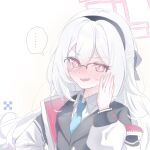  ... 1girl adjusting_eyewear artist_name ben-day_dots black_bow black_hairband blazer blue_archive blue_necktie blush bow bright_pupils collared_shirt commentary_request dot_nose double-parted_bangs glasses guda_da hair_between_eyes hair_bow hairband half_updo halo hand_on_eyewear hand_up highres jacket kei_(blue_archive) kei_(student)_(blue_archive) long_hair long_hair_between_eyes long_sleeves looking_at_viewer loosely_tucked_bangs lower_teeth_only necktie open_clothes open_jacket open_mouth over-rim_eyewear pink_eyes pink_halo pink_jacket rectangular_halo ringed_eyes screentones semi-rimless_eyewear shirt signature simple_background single_off_shoulder solo speech_bubble spoken_ellipsis sweat teeth twitter_username two-sided_fabric two-sided_jacket upper_body v-shaped_eyebrows wavy_mouth white_background white_hair white_jacket white_pupils white_shirt 