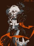  1girl absurdres arknights ascot black_background center_frills chinese_commentary commentary_request cowboy_shot dragon_girl dragon_horns duke_kashchey_(arknights) frills hair_intakes high_collar highres horns jacket juliet_sleeves keyi_keyi_keyi limited_palette long_hair long_sleeves looking_at_viewer puffy_sleeves shaded_face shirt simple_background skirt snake solo standing talulah_(arknights) 