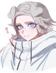  1boy absurdres animal_ears aotsuki_eito blue_eyes commentary_request dog_ears drawstring eyelashes fug_uai glasses grey_hair highres jacket male_focus portrait sanpaku simple_background smile solo the_hundred_line_-last_defense_academy- white_background white_jacket 