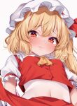  1girl ascot blonde_hair blush closed_mouth clothes_lift collared_shirt commentary_request covered_navel crystal crystal_wings fang flandre_scarlet frilled_shirt_collar frilled_skirt frills hat hat_ribbon highres lifting_own_clothes looking_at_viewer mob_cap one_side_up paid_reward_available red_eyes red_skirt red_vest ribbon shironeruka shirt skin_fang skirt skirt_lift skirt_set solo touhou vest white_hat white_shirt wings yellow_ascot 