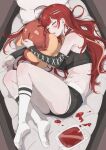  1girl absurdres akane_lize bare_legs belt black_choker black_shorts black_sleeves black_sports_bra blonde_streaks blood blood_bag blush breasts choker closed_eyes commentary_request cross-laced_clothes cross-laced_sleeves detached_sleeves fetal_position fingernails full_body hair_ornament hair_spread_out hairclip highres hugging_object in_coffin kneehighs korean_commentary large_breasts long_hair long_sleeves lying micro_shorts multicolored_hair nail_polish navel no_shoes open_mouth pale_skin pienna_(akane_lize) purucon red_hair red_nails shorts sleeping socks solo sports_bra stellive stomach streaked_hair stuffed_animal stuffed_toy thighs torn_clothes torn_shorts vampire virtual_youtuber white_belt white_socks 