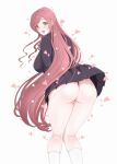  1girl absurdres ass black_jacket black_panties black_skirt blush breasts commentary_request from_behind green_eyes hanazono_hahari heart highres jacket kimi_no_koto_ga_dai_dai_dai_dai_daisuki_na_100-nin_no_kanojo kneepits large_breasts long_hair looking_at_viewer looking_back mole mole_under_eye neck_ribbon open_mouth osage_gankyou panties pantyshot pink_hair pleated_skirt red_ribbon ribbon school_uniform simple_background skirt smile socks solo teeth thighs thong thong_panties tongue tongue_out underwear upper_teeth_only very_long_hair white_background white_socks 