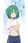  1girl alternate_costume antennae blue_background blue_pants blush breasts cato_(monocatienus) clothes_lift commentary green_eyes green_hair groin hair_between_eyes highres hot lifting_own_clothes medium_hair midriff navel open_mouth pants shirt shirt_lift short_sleeves small_breasts solo sweat touhou translated white_shirt wriggle_nightbug 