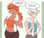  2girls blush breasts dark-skinned_female dark_skin dialogue english_text gundam gundam_suisei_no_majo highres i_wish_i_had_her_body_(meme) implied_futanari large_breasts long_hair looking_at_another meme midriff milfcookiesimp miorine_rembran multiple_girls orange_hair pants ponytail short_hair small_penis_appreciation speech_bubble sports_bra standing suletta_mercury sweat thought_bubble towel towel_around_neck yoga_pants 