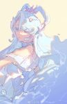  1girl bare_shoulders blue_choker blue_dress blue_eyes blue_hair candy_(pixiv15231759) chinese_commentary choker closed_mouth colored_eyelashes commentary_request cookie_run cookie_run:_ovenbreak coral_hair_ornament curtained_hair dress earrings expressionless from_side hair_ornament hair_rings head_chain highres humanization jewelry liquid_hair long_hair looking_at_viewer looking_to_the_side off-shoulder_dress off_shoulder official_alternate_costume outstretched_arm sea_fairy_cookie sea_fairy_cookie_(luminous_coral) shell shell_earrings shell_hair_ornament short_sleeves simple_background solo swept_bangs upper_body very_long_hair water_drop watermark wavy_hair weibo_watermark white_background 