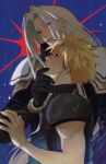  2boys absurdres armor black_coat black_gloves black_shirt blonde_hair blue_background blue_eyes blush cloud_strife coat commentary curtained_hair english_commentary eye_contact final_fantasy final_fantasy_vii from_side gloves grey_hair hand_on_another's_chin head_back highres long_hair long_sleeves looking_at_another male_focus multiple_boys parted_bangs parted_lips pauldrons sephiroth shan_(1gusakat) shirt short_hair shoulder_armor smile sparkle turtleneck upper_body very_long_hair very_short_hair yaoi 