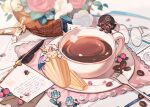  2boys :i ^_^ blue_cape blue_flower brown_cape brown_hair cape chibi chibi_only circlet closed_eyes closed_mouth coffee coffee_beans commentary cookie_run cookie_run:_kingdom cup dark-skinned_male dark_skin doily eating english_commentary espresso_cookie flower flower_basket fork glasses hair_over_one_eye highres inkwell letter long_hair looking_at_food madeleine madeleine_cookie male_focus mini_person miniboy multiple_boys name_connection object_namesake petals pink_flower pink_petals pink_rose quill rose round_eyewear saucer short_hair smile standing steam steaming_cup sword unworn_eyewear weapon white_flower white_hair white_rose zzhenpotatochips 
