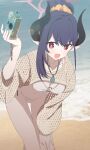  +_+ 1girl beach bikini black_hair black_horns blue_archive breasts camera chiaki_(blue_archive) chiaki_(swimsuit)_(blue_archive) curved_horns digital_camera fishnet_shrug hair_bun hair_ornament hair_scrunchie halo hand_on_own_knee highres holding holding_camera horns leaning_forward long_hair looking_at_viewer medium_breasts multicolored_horns o-ring o-ring_bikini o-ring_top official_alternate_costume official_alternate_hairstyle open_mouth orange_scrunchie ph. pointy_ears red_eyes red_horns sand scrunchie shrug_(clothing) sidelocks single_hair_bun smile solo swimsuit two-tone_horns waves white_bikini yellow_shrug 