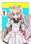 ! 1girl animal_ear_fluff animal_ears arcueid_brunestud black_bow blonde_hair blush bow buttons cat_ears cat_girl cat_tail commentary_request cowboy_shot dress eco-arc frilled_dress frilled_sleeves frills highres kemonomimi_mode long_hair looking_at_viewer mystic_eyes_of_death_perception paw_pose red_eyes sidelocks single_hair_intake solo surprised tail tsukihime tsukihime_(remake) twinhip white_dress 