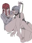  2girls arm_up ass barefoot bdsm black_eyes bra breasts chain chainsaw_man cleavage collar collarbone collared_shirt eyepatch feet femdom highres holding holding_chain holding_leash leash legs licking licking_another's_finger licking_finger light_smile long_hair looking_at_another makima_(chainsaw_man) medium_breasts midriff multiple_girls open_clothes open_shirt quanxi_(chainsaw_man) red_hair ringed_eyes shirt signature simple_background stargazypie_u stepped_on tank_top toes underwear white_background white_hair yellow_eyes yuri 