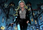 1girl alternate_costume anlucea aqua_eyes beretta_92 black_jacket black_pants blonde_hair breasts castle commentary_request cowboy_shot dragon_quest dragon_quest_x floating_clothes green_sky gun hair_slicked_back hairband hand_in_pocket handgun highres himiko_(326ontheweb) holding holding_gun holding_weapon jacket lamppost long_hair looking_at_viewer medium_breasts mole mole_under_mouth night pants shirt shirt_tucked_in silver_hairband sky solo weapon white_shirt 