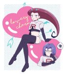  1boy 1girl black_gloves boots commentary_request crop_top demon_girl demon_horns demon_tail demon_wings earrings elbow_gloves gloves gloves_over_sleeves grey_gloves hair_slicked_back heart horns james_(pokemon) jessie_(pokemon) jewelry jogurtti logo pokemon pokemon_(anime) pokemon_(classic_anime) purple_hair red_hair single_letter sitting skirt sphere_earrings tail team_rocket team_rocket_uniform thigh_boots under-elbow_gloves white_skirt wings worried 