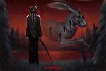  1boy absurdres aimpoint arms_at_sides artist_name black_hair black_jacket black_necktie black_pants black_suit blood collared_shirt commentary english_commentary forest formal_clothes glorianell_art grass gun highres holding holding_gun holding_weapon horror_(theme) jack_walten jacket lake long_sleeves looking_at_viewer male_focus medium_hair nature necktie outdoors pants pine_tree rabbit red_sky red_theme river shirt shotgun sky solo standing suit sword the_walten_files tree weapon white_shirt 