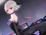  1girl back bare_back bare_shoulders black_dress black_gloves black_ribbon blood blood_splatter blurry braid breasts building choker city cityscape collar commentary_request copyright_name dengeki_bunko depth_of_field dress dutch_angle elbow_gloves expressionless fishnet_gloves fishnets frilled_collar frilled_gloves frills from_side gin_(oyoyo) gloves grey_hair hair_ribbon looking_at_viewer looking_to_the_side medium_breasts night outdoors red_eyes ribbon short_hair sky solo star_(sky) starry_sky striped_clothes striped_dress underbust vertical-striped_clothes vertical-striped_dress wind wind_lift 
