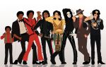  6+boys abc_(song) afro age_comparison animal_on_shoulder bad_(song) bird bird_on_shoulder black_bow black_bowtie black_hair blood_on_the_dance_floor bow bowtie child colourbegone commentary dark-skinned_male dark_skin don't_stop_'til_you_get_enough evolution full_body hand_in_pocket hand_on_own_hip high_heels highres holding holding_microphone male_focus michael_jackson microphone multiple_boys multiple_persona real_life reflection remember_the_time scream_(song) shirt smile sunglasses thriller_(michael_jackson) yellow_shirt 