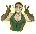  1boy blue_eyes blush chest_hair commentary english_commentary facial_hair heart highres male_focus muscular muscular_male one_eye_closed pwrkri smile solo stubble the_boys the_deep_(the_boys) thick_eyebrows v 