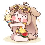  1girl ahoge animal_ears brown_hair butter_(trickcal) chibi closed_eyes commentary_request dog_ears dog_girl dog_tail eyewear_on_head food fruit highres ice_cream official_alternate_costume open_mouth pink_shorts sand sandals shorts sitting suwa_yasai tail trickcal vest wariza watermelon whistle whistle_around_neck yellow_vest 