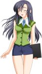  1girl 2000s_(style) ^_^ black_hair blue_necktie blush breasts closed_eyes earrings folder game_asset impossible_clothes jewelry kirisawa_ruruka large_variant_set long_hair mahou_senshi_(series) mahou_senshi_symphonic_knights miniskirt necktie non-web_source office_lady official_art open_mouth pencil_skirt saitou_natsuki self-datamine shirt simple_background skirt sleeveless smile solo standing tachi-e thigh_gap transparent_background variant_set vest 