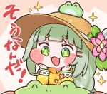  1girl braid chibi commentary_request croakie_(trickcal) flower frog green_eyes green_hair hair_ornament hairclip hands_on_own_face happy hat highres jacket looking_at_viewer open_mouth parallel_hairclips pink_flower single_braid star_(symbol) sun_hat suwa_yasai translation_request trickcal ui_(trickcal) upper_body yellow_jacket 