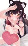  1girl absurdres ahoge animal_ear_fluff animal_ears arm_up bandaid bandaid_on_cheek bandaid_on_face black_hair blush bottomless bow bra bra_lift braid breasts closed_mouth clothes_lift colored_inner_hair commentary commission english_commentary facial_mark genmai_komeko hair_bow heart heart-shaped_pillow highres indie_virtual_youtuber long_hair looking_at_viewer multicolored_hair navel nipples pillow pink_bow pink_hair raccoon_ears raccoon_girl raccoon_hair_ornament raccoon_tail raki_kazuki red_bra second-party_source side_braid simple_background sitting small_breasts solo strap_slip tail underwear underwear_only virtual_youtuber whisker_markings white_background yellow_eyes 