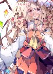  1girl aged_up alternate_costume alternate_hair_length_(longer) alternate_hairstyle ascot bespectacled blonde_hair choker closed_mouth commentary commentary_request cosplay detached_sleeves fant flandre_scarlet glasses hakurei_reimu hakurei_reimu_(cosplay) hat highres japanese_clothes long_hair looking_at_viewer miko mob_cap nontraditional_miko red_choker red_eyes simple_background solo touhou very_long_hair white_background wings yellow_ascot 