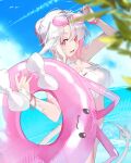  1girl absurdres au_ra bikini bracelet braid braided_base bun_with_braided_base colored_inner_hair commentary cowboy_shot dragon_girl dragon_horns dragon_tail english_commentary eyewear_on_head final_fantasy final_fantasy_xiv hair_bun highres holding holding_swim_ring horns jewelry looking_at_viewer motsuni_(lxxe1120) multicolored_hair open_mouth pink-tinted_eyewear pink_hair red_eyes scales smile solo sunglasses swim_ring swimsuit tail tinted_eyewear warrior_of_light_(ff14) water white_bikini white_hair 
