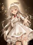  1girl antenna_hair bare_shoulders blonde_hair blush bow bowtie cage center_opening commentary_request detached_sleeves doll_joints dress floating_headgear gears hair_intakes hair_ornament headgear indie_virtual_youtuber joints karaku_rinne keyhole long_hair long_sleeves looking_at_viewer musical_note open_hand open_mouth petticoat reaching reaching_towards_viewer red_bow red_bowtie red_eyes second-party_source sleeveless sleeveless_dress solo thigh_strap very_long_hair virtual_youtuber weri white_dress white_sleeves 