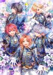  5boys artist_name ascot bishounen black_gloves black_hair blonde_hair blue_ascot blue_jacket buttons earrings ensemble_stars! flower gloves green_eyes highres jacket jewelry knights_(ensemble_stars!) male_focus multiple_boys narukami_arashi open_mouth purple_eyes red_hair sakuma_ritsu sena_izumi_(ensemble_stars!) short_hair sparkle suou_tsukasa tsukinaga_leo white_ascot white_flower white_gloves white_lily zenyu 