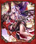  1girl black_kimono border breasts bug butterfly butterfly_hair_ornament butterfly_on_hand butterfly_wings cleavage commentary_request copyright_notice dynamic_pose hair_ornament highres insect_wings japanese_clothes kimono kouhaku_nawa large_breasts liiko long_hair looking_at_viewer miroku_(shadowverse) obi obijime off_shoulder official_art ornate_border pink_butterfly pink_eyes print_kimono purple_butterfly purple_hair rope sash shadowverse shadowverse:_worlds_beyond shimenawa short_eyebrows solo very_long_hair wide_sleeves wings 
