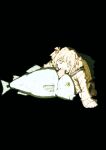  1girl biting biting_head black_background blonde_hair bow cardigan commentary_request eating_non-food fins fish flesh hair_bow hands_on_ground highres kneeling medium_hair multiple_hair_bows oisiiidoo open_cardigan open_clothes original school_uniform serafuku sharp_teeth short_twintails teeth twintails 