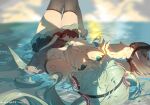  1girl :d bare_shoulders black_boots black_skirt black_sleeves blurry blurry_background boots collared_shirt commentary detached_sleeves english_commentary fangqingri full_body green_eyes green_hair hair_between_eyes hatsune_miku hatsune_miku_(nt) highres long_hair long_sleeves looking_at_viewer lying lying_on_water miniskirt on_back open_mouth piapro_studio pleated_skirt shirt skirt sleeveless sleeveless_shirt smile solo thigh_boots twintails very_long_hair vocaloid white_shirt wide_sleeves zettai_ryouiki 