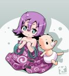  1girl baby bare_shoulders closed_mouth commentary_request double-parted_bangs dress drop_shadow fangs fangs_out full_body green_eyes grey_background hair_between_eyes looking_at_viewer lowres original pacifier purple_dress purple_hair short_hair sitting toromi_(toromix2) two-tone_background white_background 
