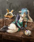  ! !! 1girl 2others absurdres animal_ears artist_name bangboo_(zenless_zone_zero) black_shoes black_unitard blue_hair braid breasts choker cleavage couch eous_(zenless_zone_zero) ethereal_(zenless_zone_zero) full_body goat_ears goat_girl goat_horns goat_tail hair_between_eyes hand_on_own_head highres horns jsebaxx key key_choker leaning_on_self long_hair lucia_elowen multiple_others on_couch open_mouth pointing pointy_ears shoes tail yellow_eyes zenless_zone_zero 