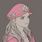  1girl closed_mouth commentary_request eyelashes grey_background hat jacket light_smile long_hair looking_to_the_side mario_(series) mario_hat open_clothes open_jacket original pink_eyes pink_hat pink_jacket portrait rustle shirt simple_background smile solo super_mushroom super_star_(mario) t-shirt v-neck 
