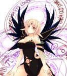  1girl arm_tattoo black_dress black_wings blonde_hair blush breast_tattoo breasts clothing_cutout commentary_request cowboy_shot dress elf feathered_wings forehead_tattoo hands_on_own_legs highres large_breasts leg_tattoo long_pointy_ears looking_at_viewer magic_circle navel_cutout ngirln4 original pi_(math) pointy_ears red_eyes short_hair solo stomach_tattoo strapless strapless_dress tattoo white_background wings 