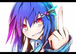  blue_hair food fruit grin hair_ornament hairclip hinanawi_tenshi ichiyan leaf long_hair middle_finger peach red_eyes simple_background smile solo touhou translation_request 