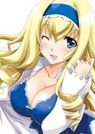  blonde_hair blue_eyes blue_hairband blush breasts cecilia_alcott cleavage drill_hair hairband infinite_stratos large_breasts long_hair one_eye_closed simple_background solo white_background yamaki_suzu 