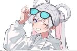 1girl art_program_in_frame blue-tinted_eyewear blue_eyes blush cho_kaguya-hime! clenched_teeth colored_inner_hair commentary_request eyewear_lift grey_hair hair_rings hood hoodie long_hair multicolored_eyes multicolored_hair nami_(wa98449) one_eye_closed open_mouth pink_eyes pink_hair runami_yachiyo simple_background solo teeth tinted_eyewear twintails two-tone_eyes white_background white_hoodie 